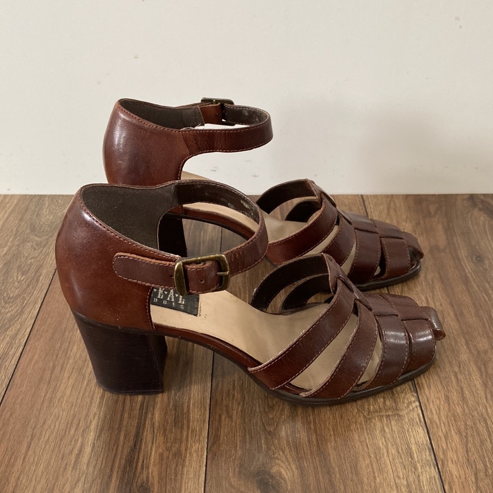 Vintage Brown Leather Strappy Block Heel Sandals